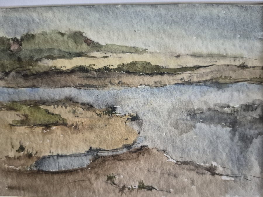 Gerahmtes Aquarell einer Küstenlandschaft von Roland Spiegel